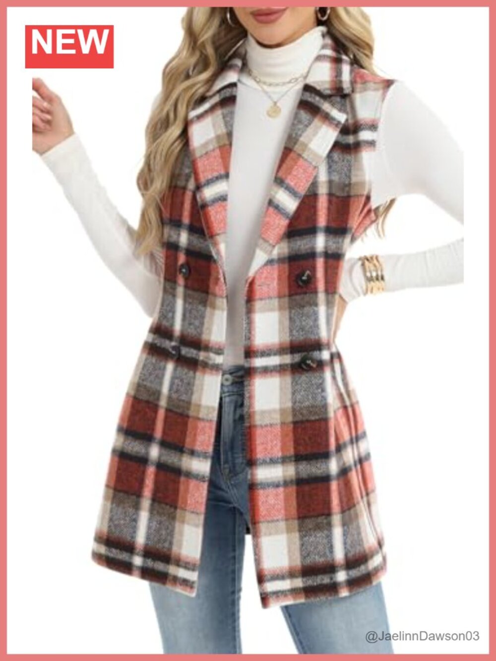 Women's Sleeveless Tweed Plaid Long Vest Top Double Breasted